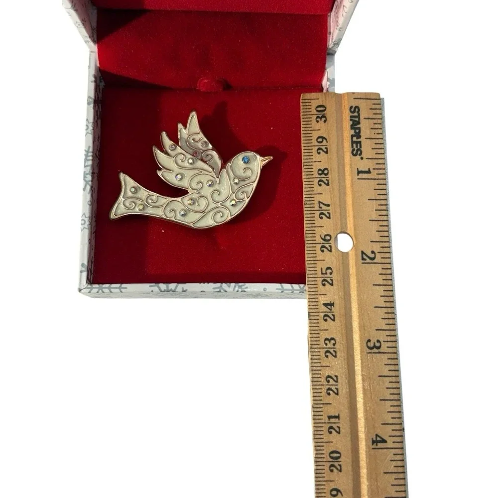 Vintage Silver Tone Enamel‎ Aurora Borealis Rhinestone Dove Bird Brooch Pin